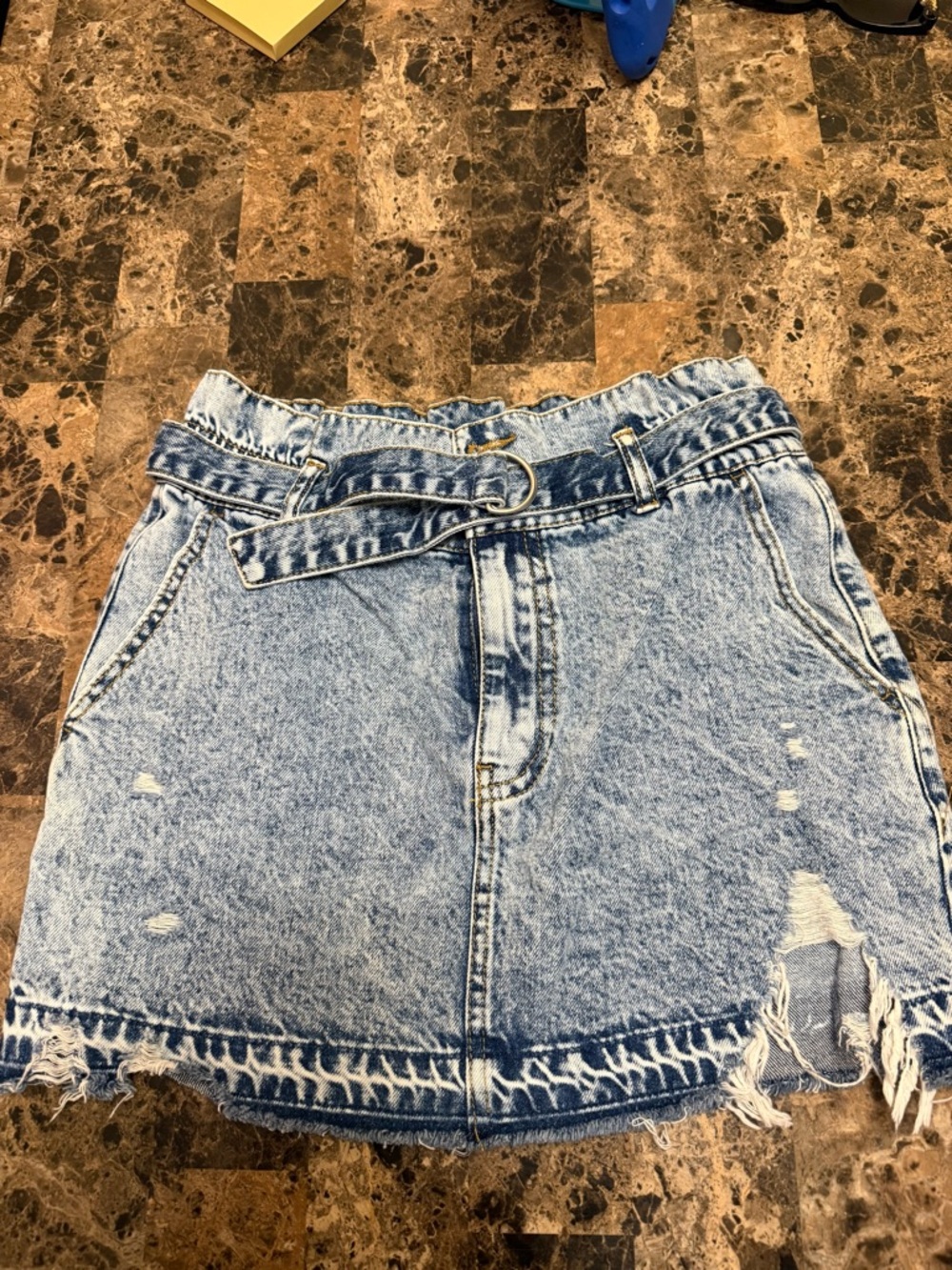 Light Blue Distressed Denim Mini Skirt with Belt